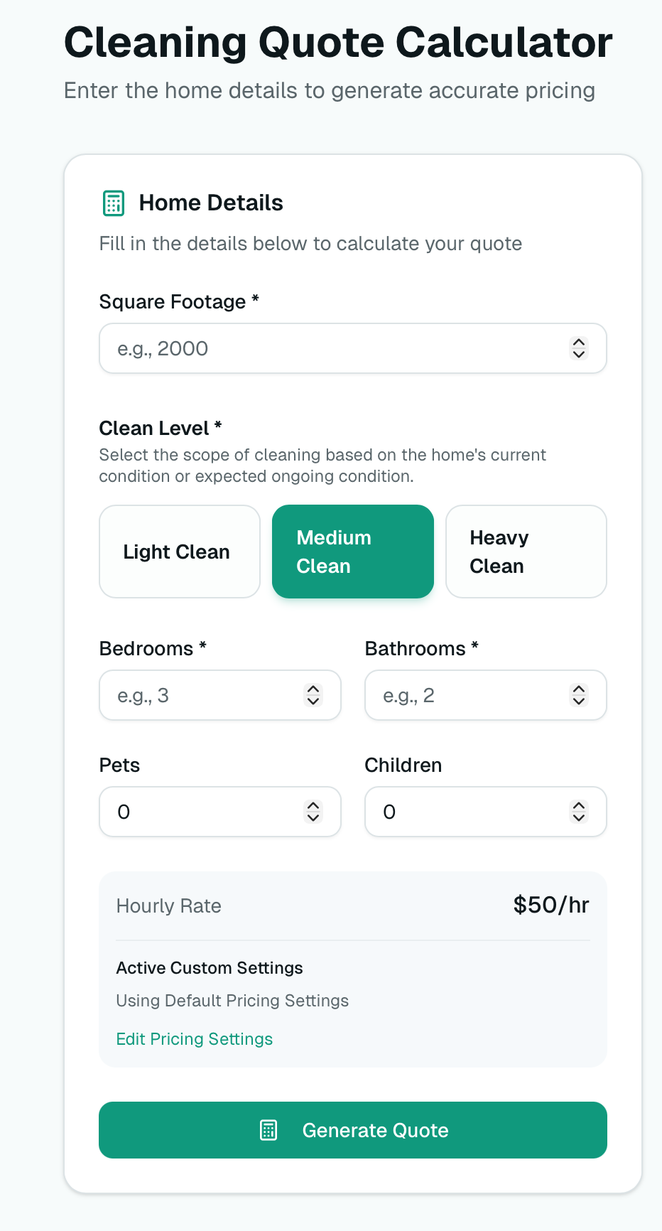 QuoteCleaner quote calculator showing home details form