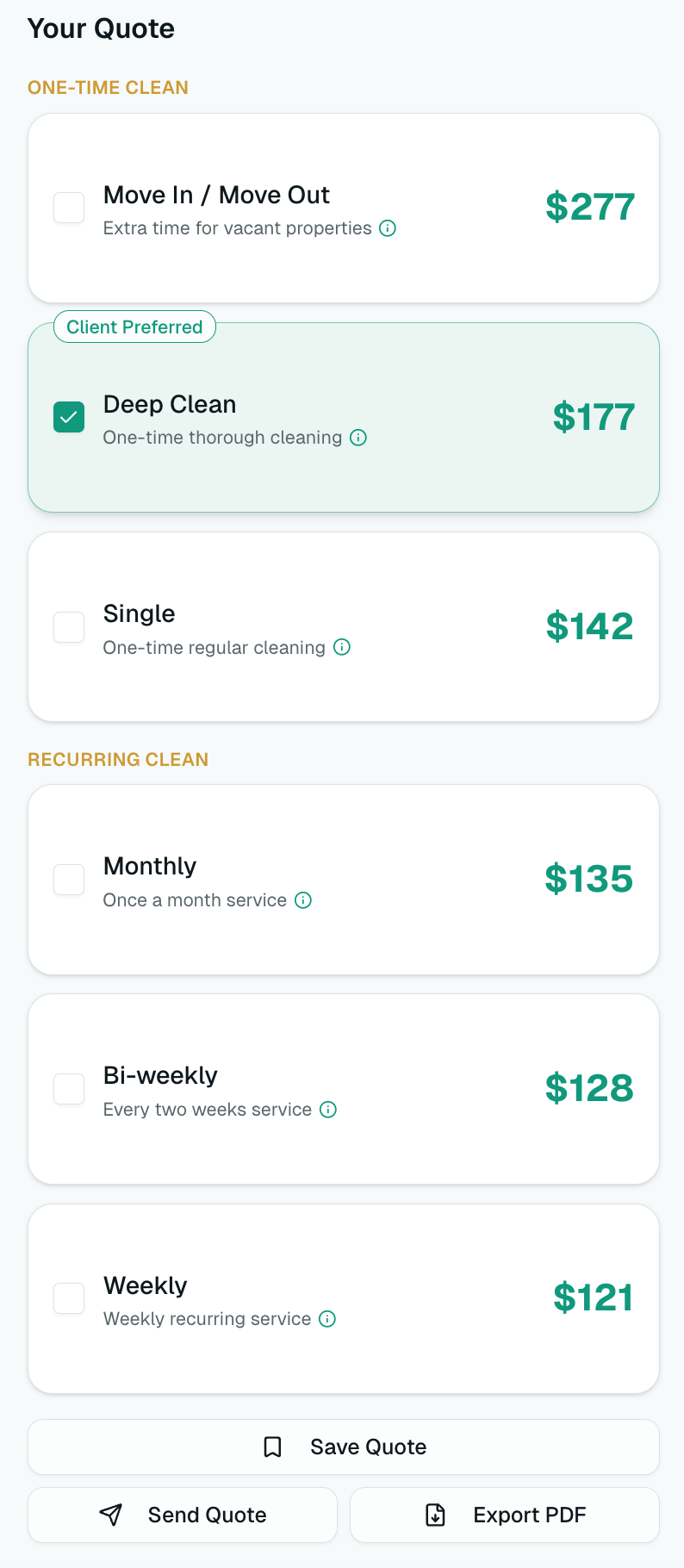QuoteCleaner quote results showing one-time and recurring pricing
